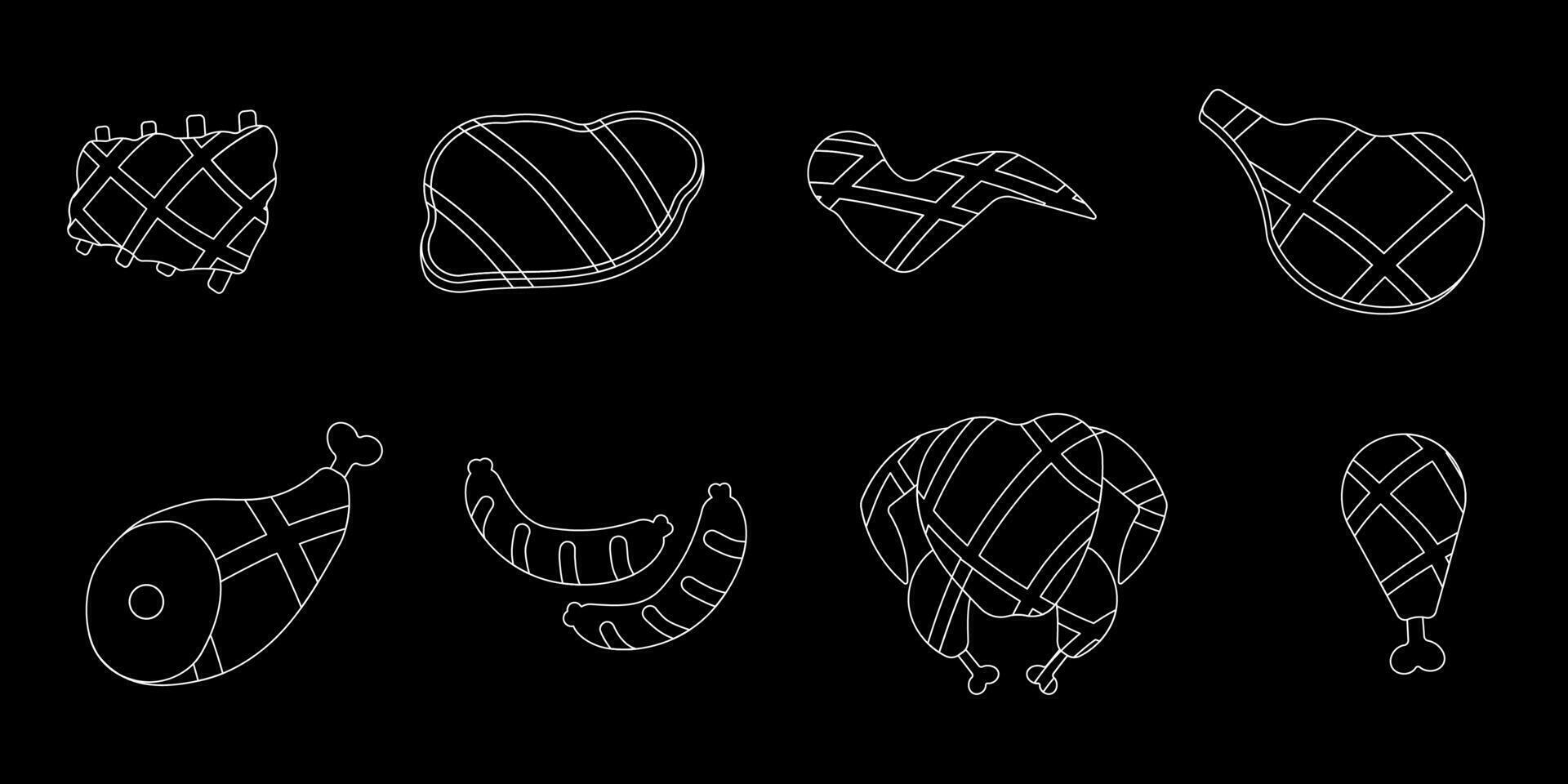 meat bbq line doodle black white set vector