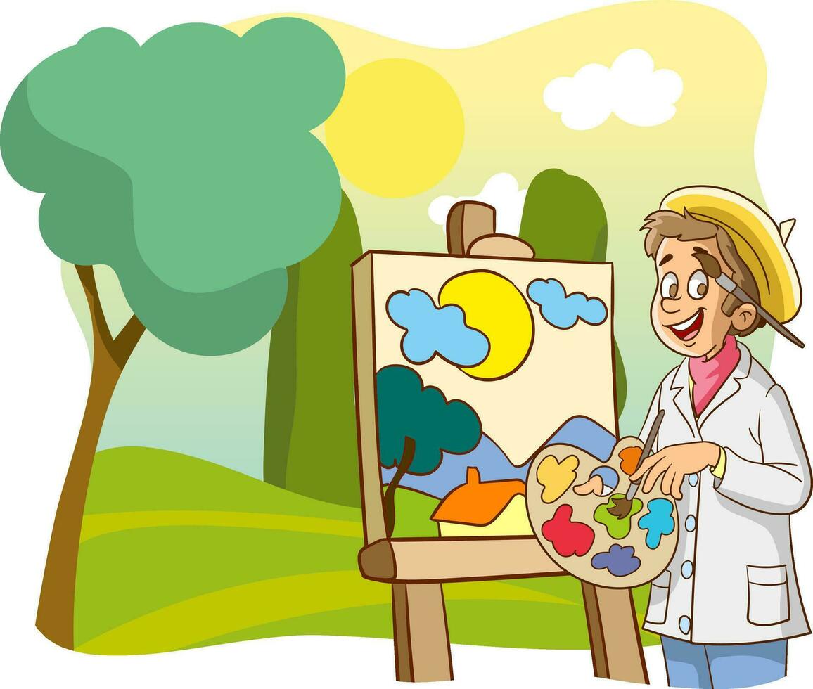 artist kids painting on canvas with art icons. character design. Creative people vector illustration