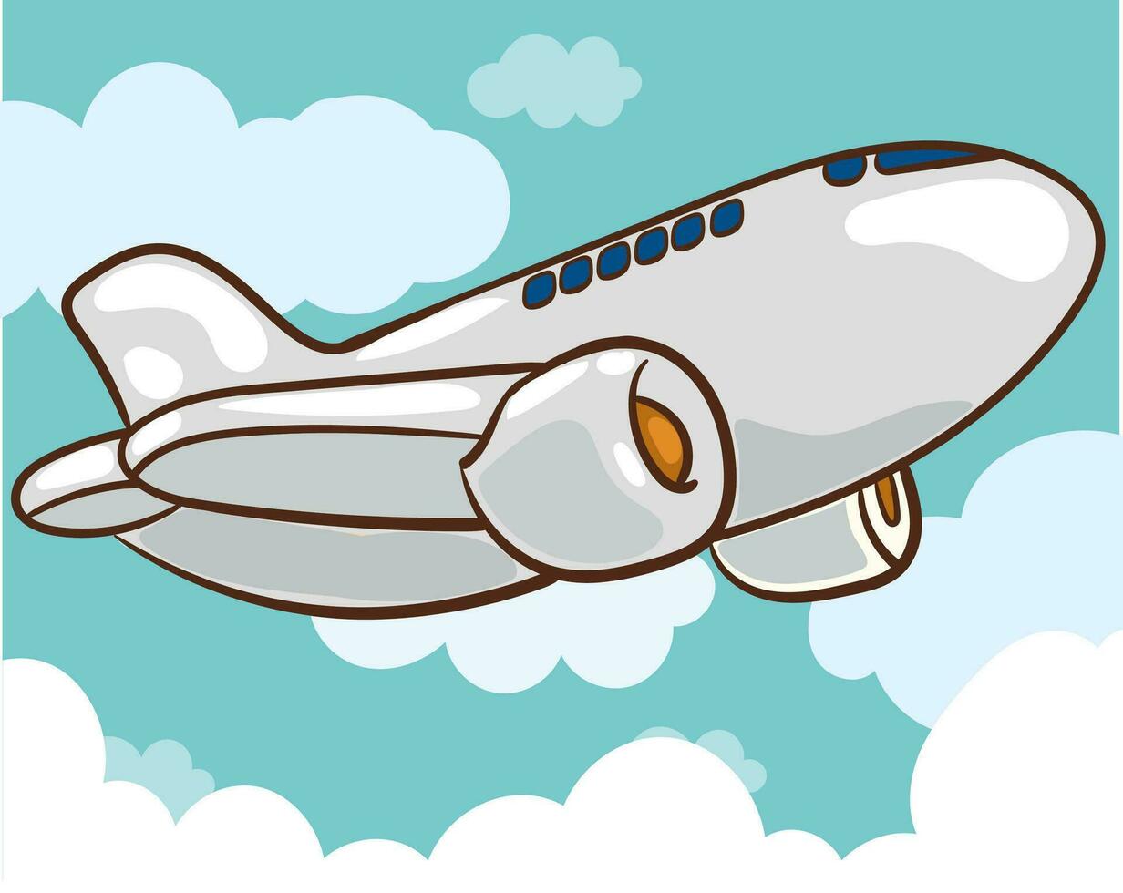 Airplane in sky. Flying civil aircraft transport in clouds vector flat background. Plane fly sin sky clouds, airplane flight transportation illustration