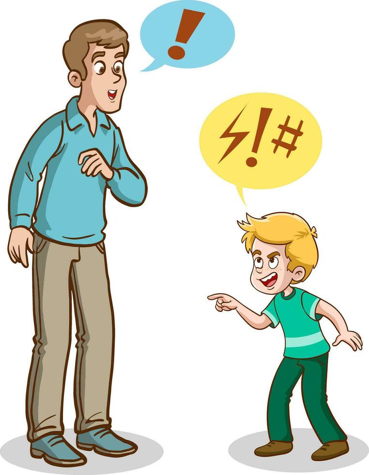 Caricature Illustration of Father Talking to Son Angry with Speech Bubbles vector