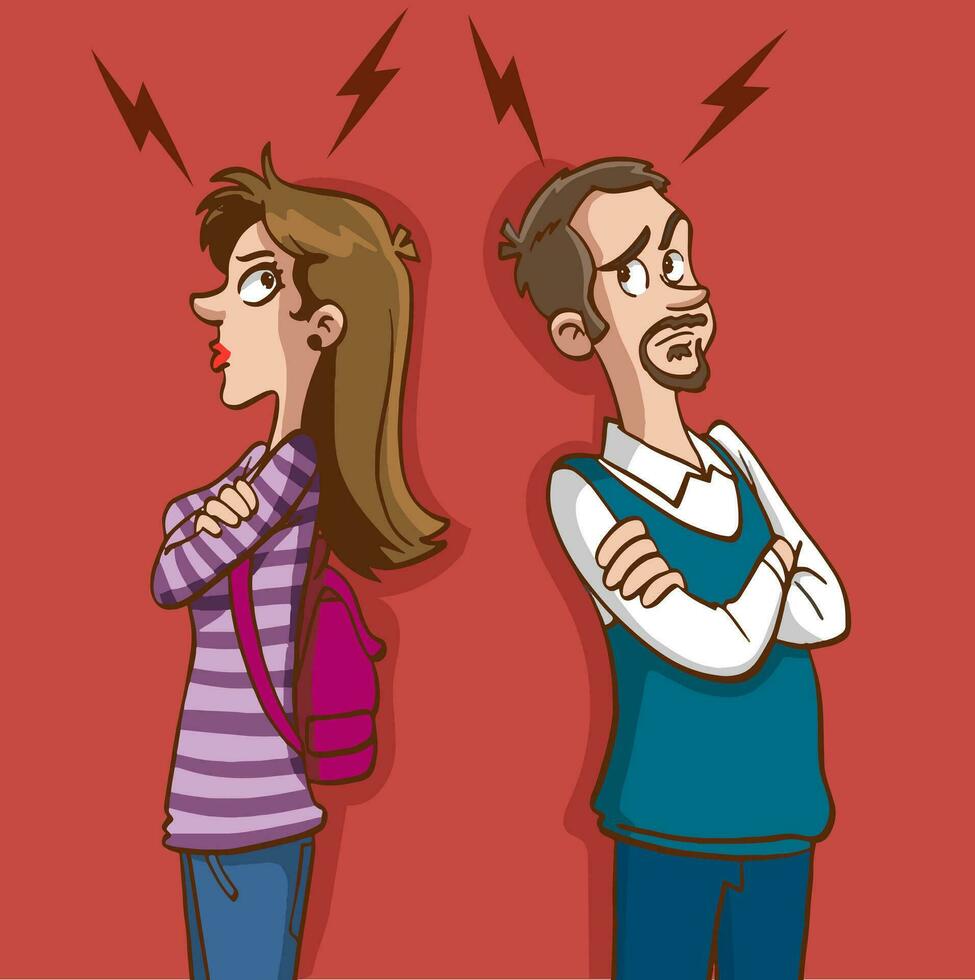 concepto de divorcio, malentendido en familia. enojado hombre y ofendido mujer en pie por separado desde cada otro. relación descanso arriba, crisis. vector ilustración en plano dibujos animados estilo.