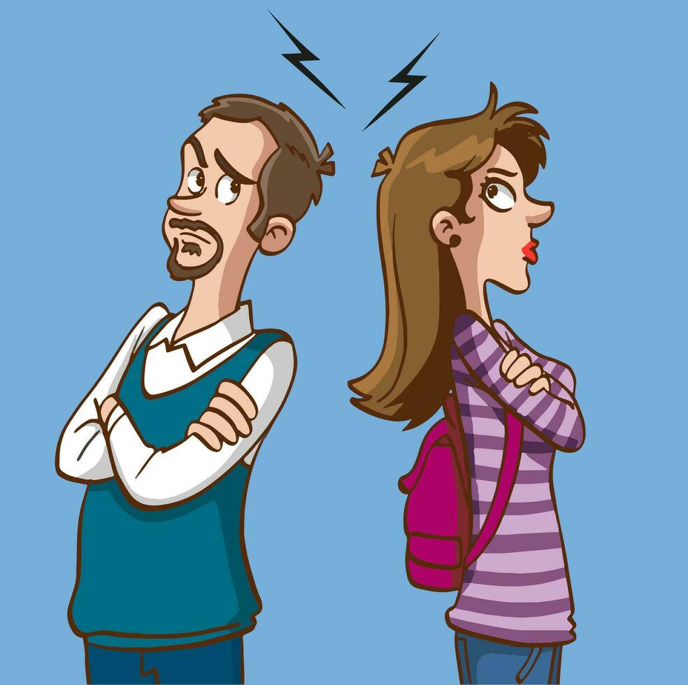 Concept of divorce, misunderstanding in family. Angry man and offended woman standing separately from each other. Relationship break up, crisis. Vector illustration in flat cartoon style.