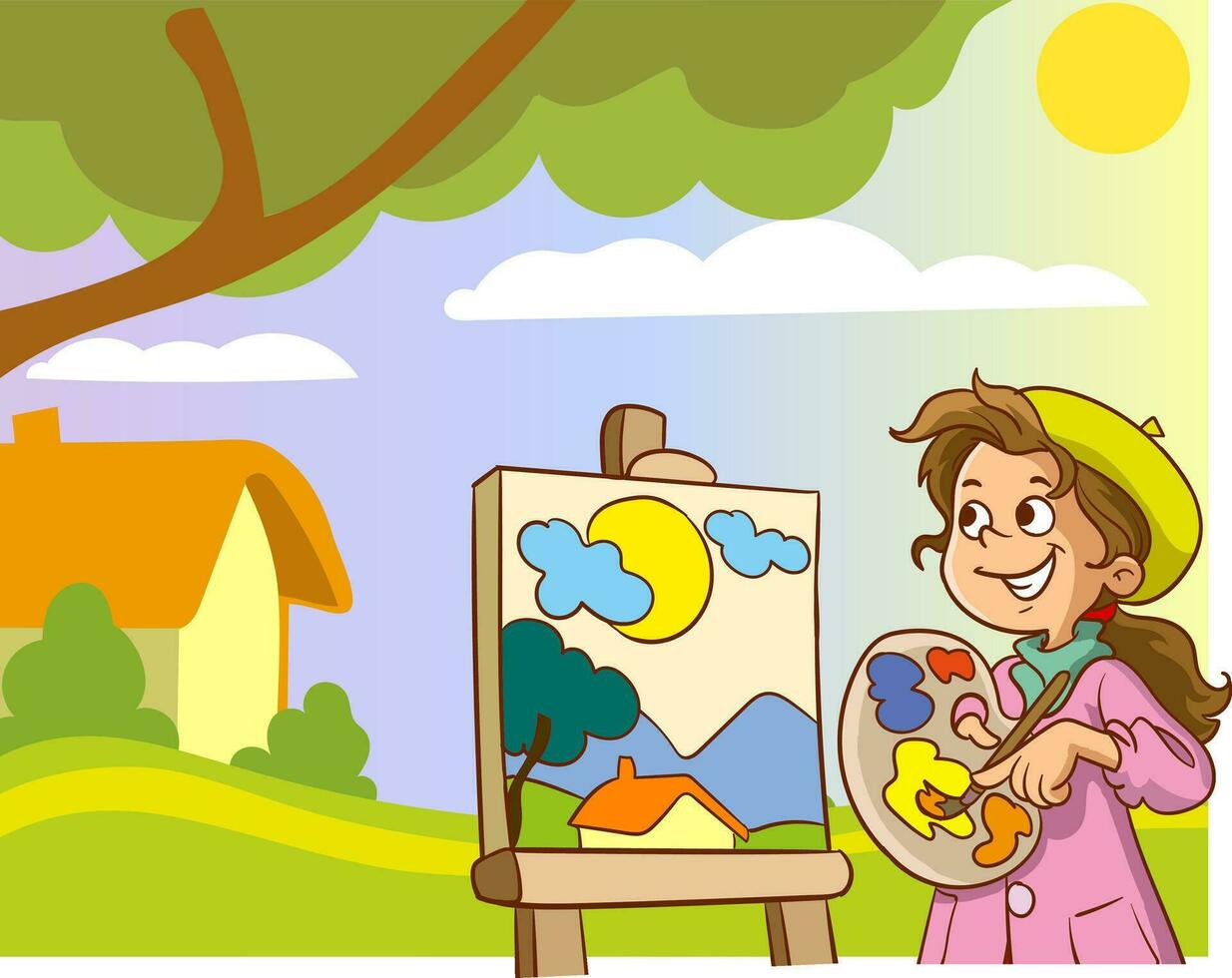 artist kids painting on canvas with art icons. character design. Creative people vector illustration