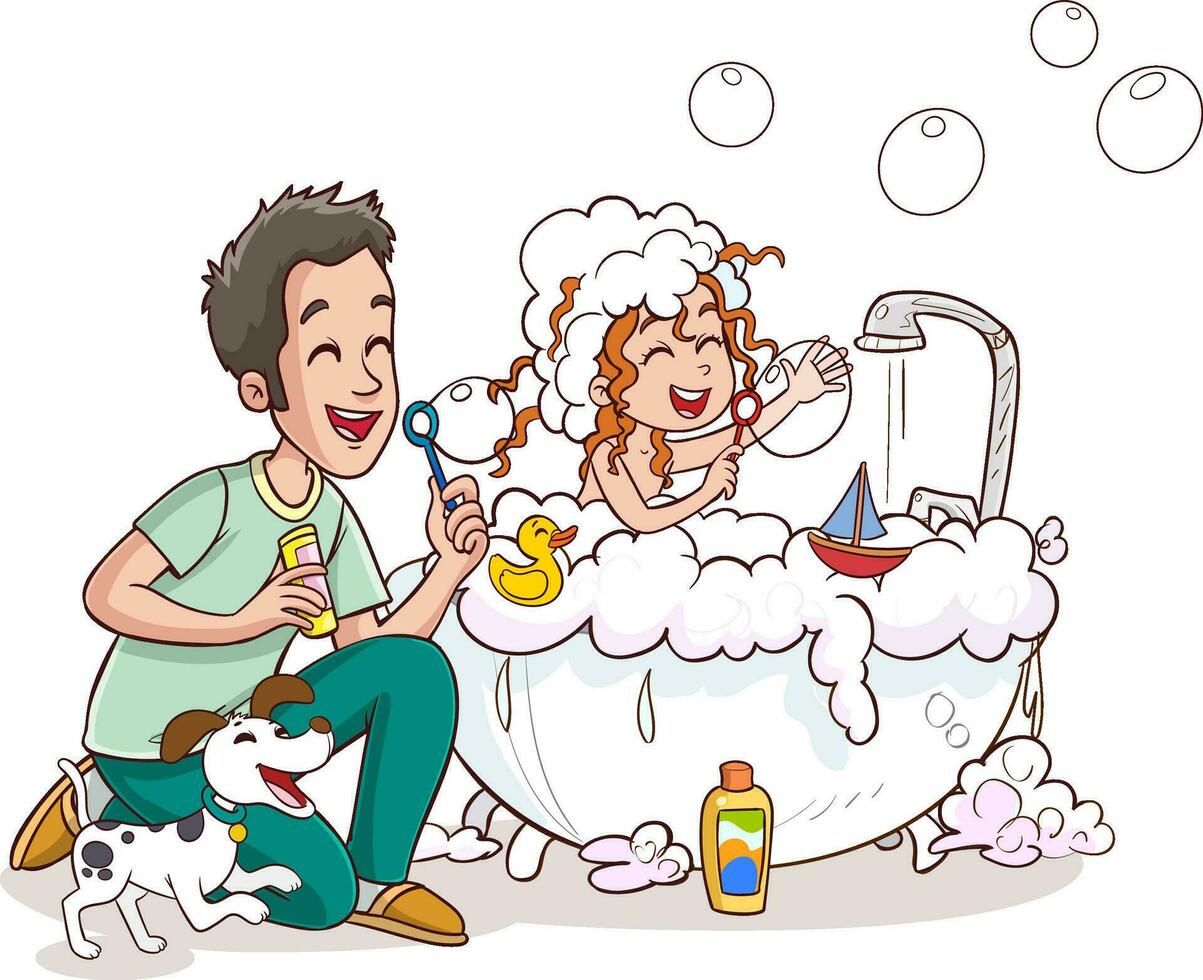 bathing kids and family vector illustration