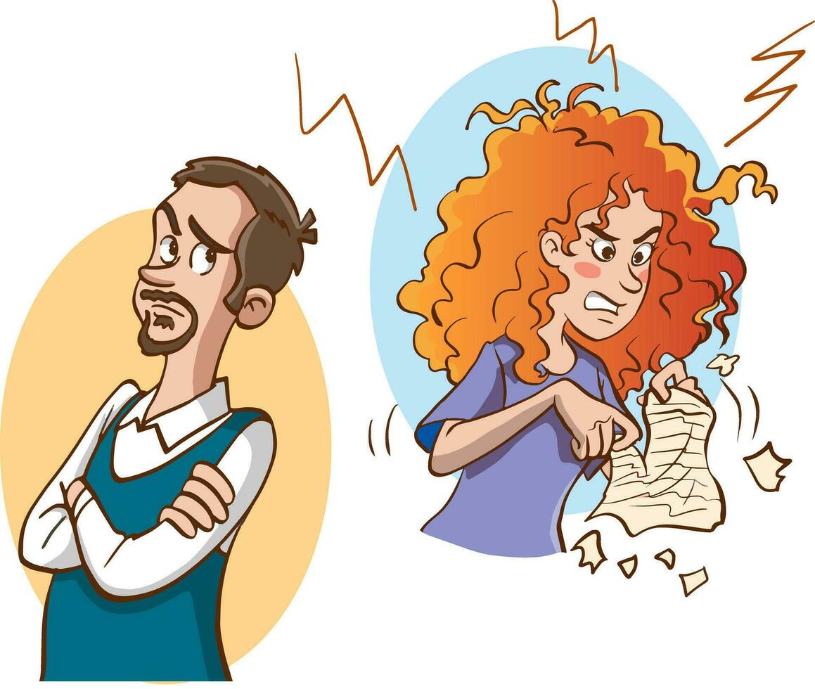 Concept of divorce, misunderstanding in family. Angry man and offended woman standing separately from each other. Relationship break up, crisis. Vector illustration in flat cartoon style.