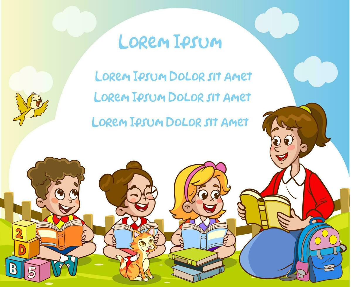 kids students and teacher drawing in the park vector illustration with place for your text.
