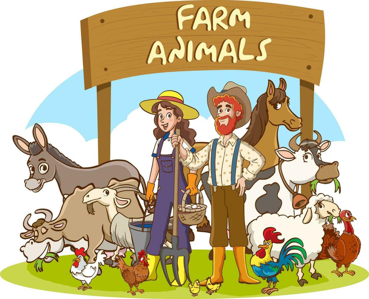 Vector illustration cartoon of happy farm animals.