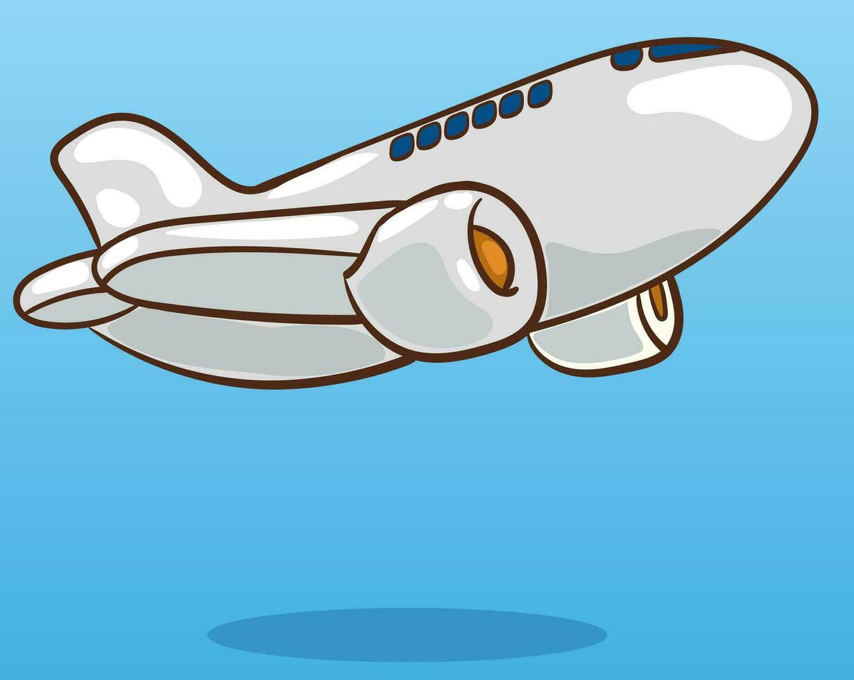 Airplane in sky. Flying civil aircraft transport in clouds vector flat background. Plane fly sin sky clouds, airplane flight transportation illustration