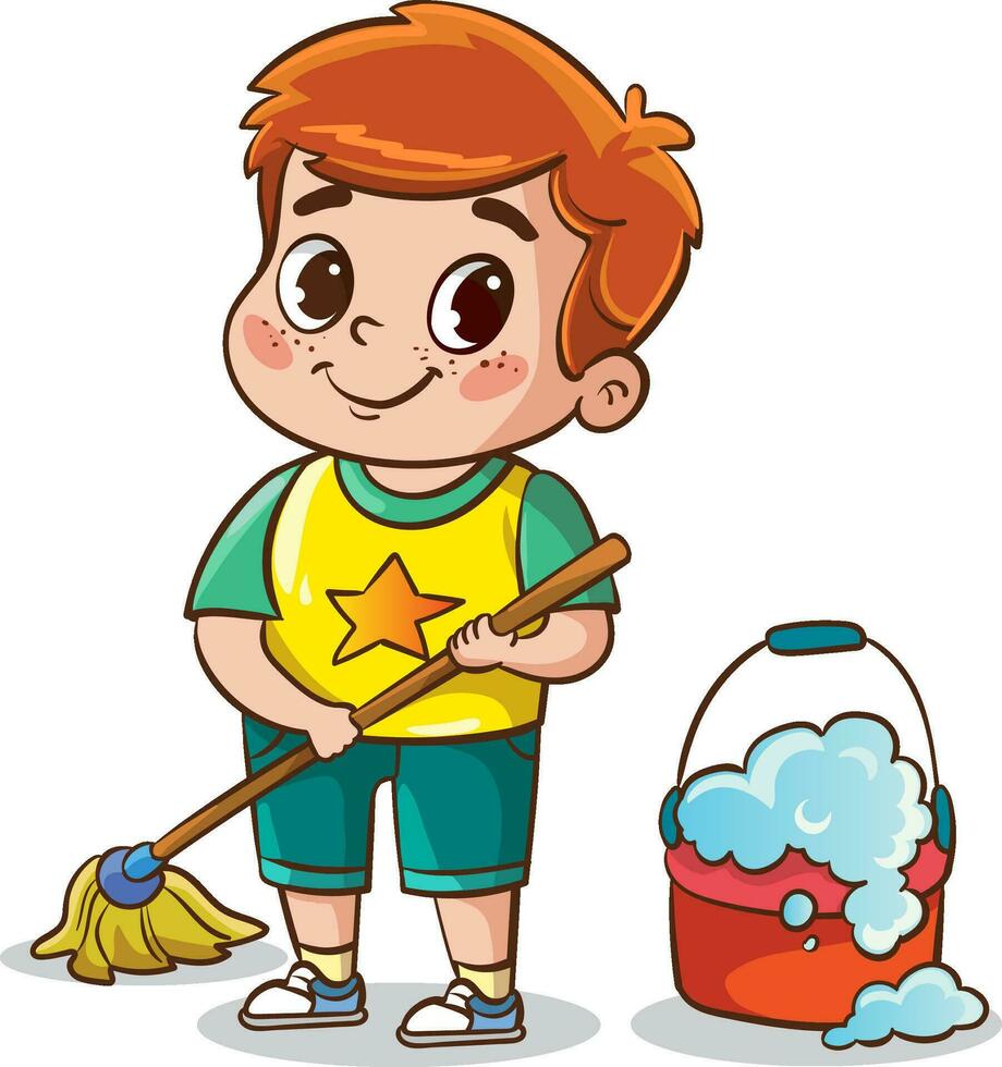 little boy cleaning.cute kid wiping floor with mop vector illustration