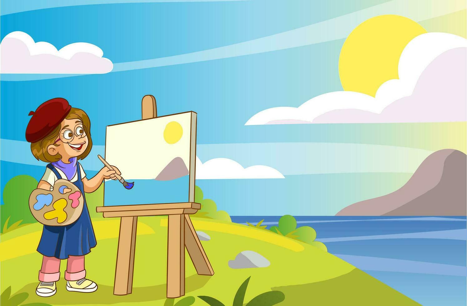 artist kids painting on canvas with art icons. character design. Creative people vector illustration