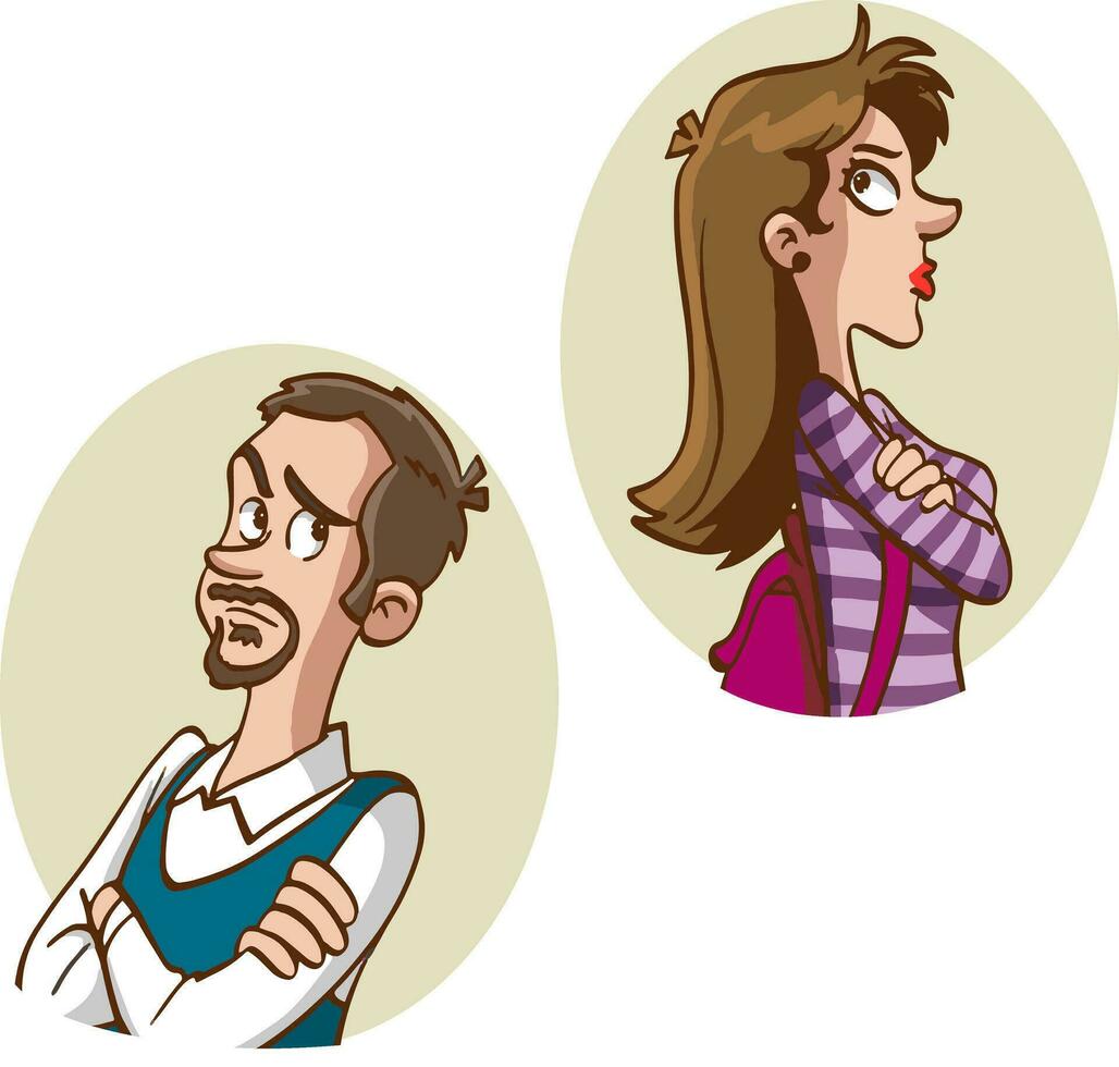 concepto de divorcio, malentendido en familia. enojado hombre y ofendido mujer en pie por separado desde cada otro. relación descanso arriba, crisis. vector ilustración en plano dibujos animados estilo.