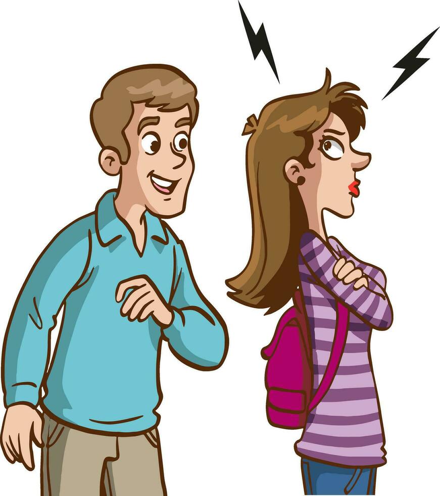 Concept of divorce, misunderstanding in family. Angry man and offended woman standing separately from each other. Relationship break up, crisis. Vector illustration in flat cartoon style.