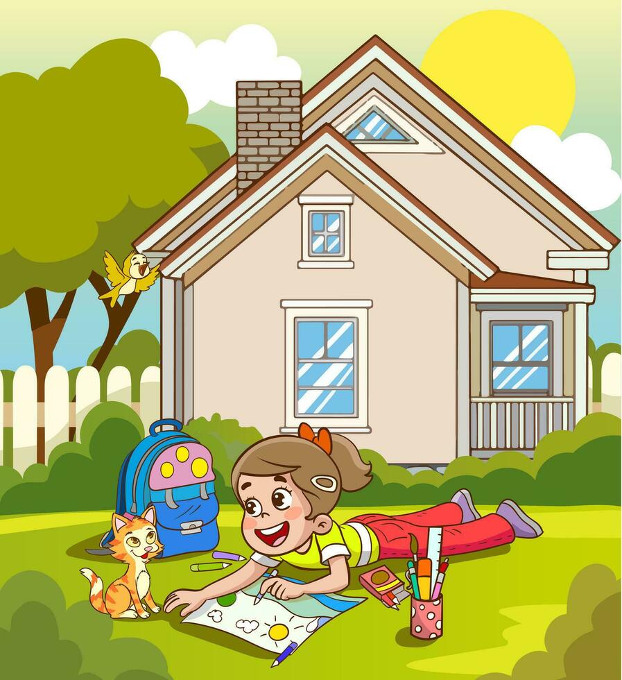 girl paintig on the background of a house. Vector cartoon illustration