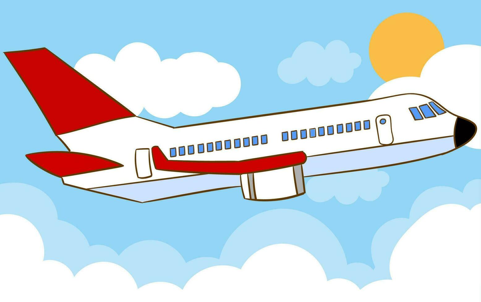 Airplane in sky. Flying civil aircraft transport in clouds vector flat background. Plane fly sin sky clouds, airplane flight transportation illustration