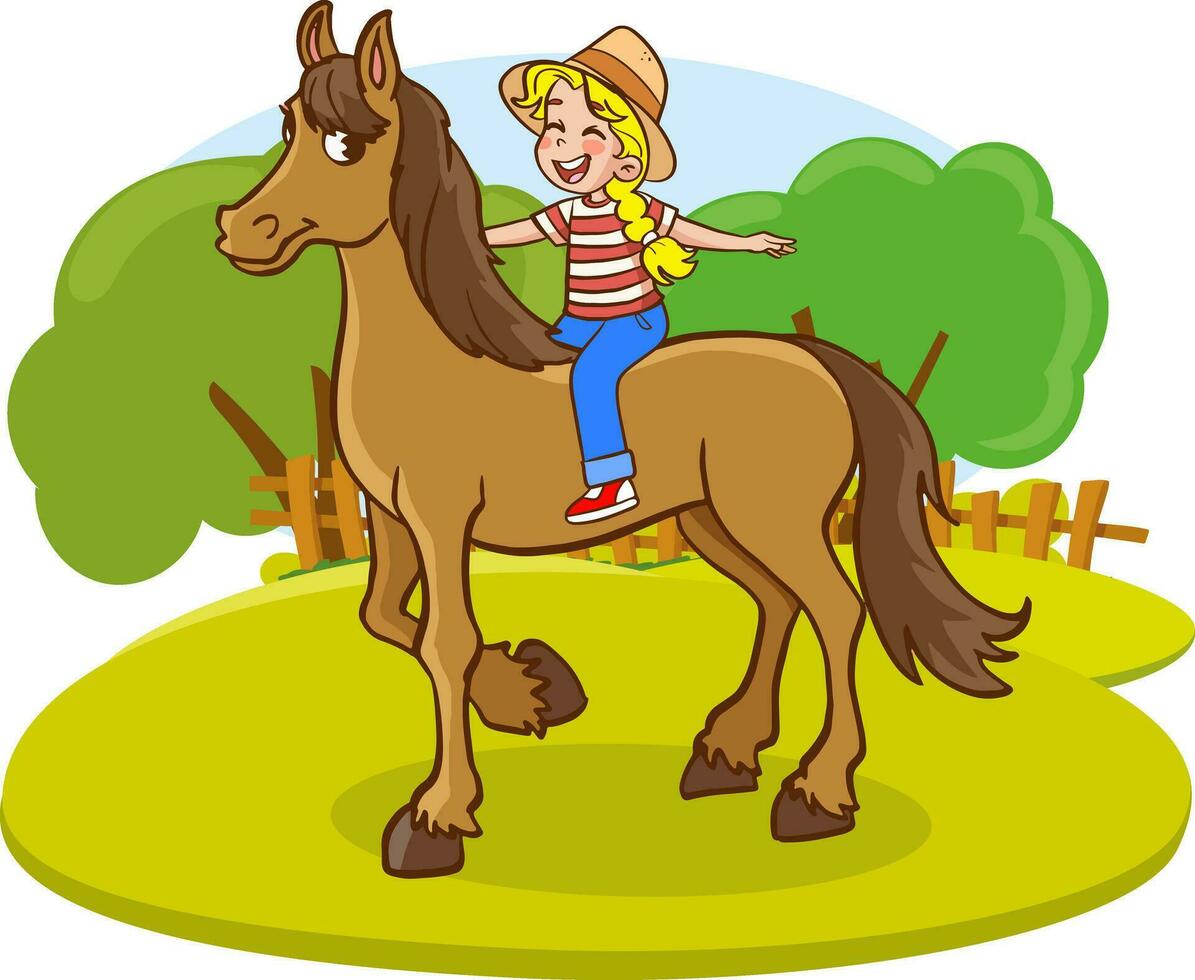 linda niños montando caballo vector ilustración