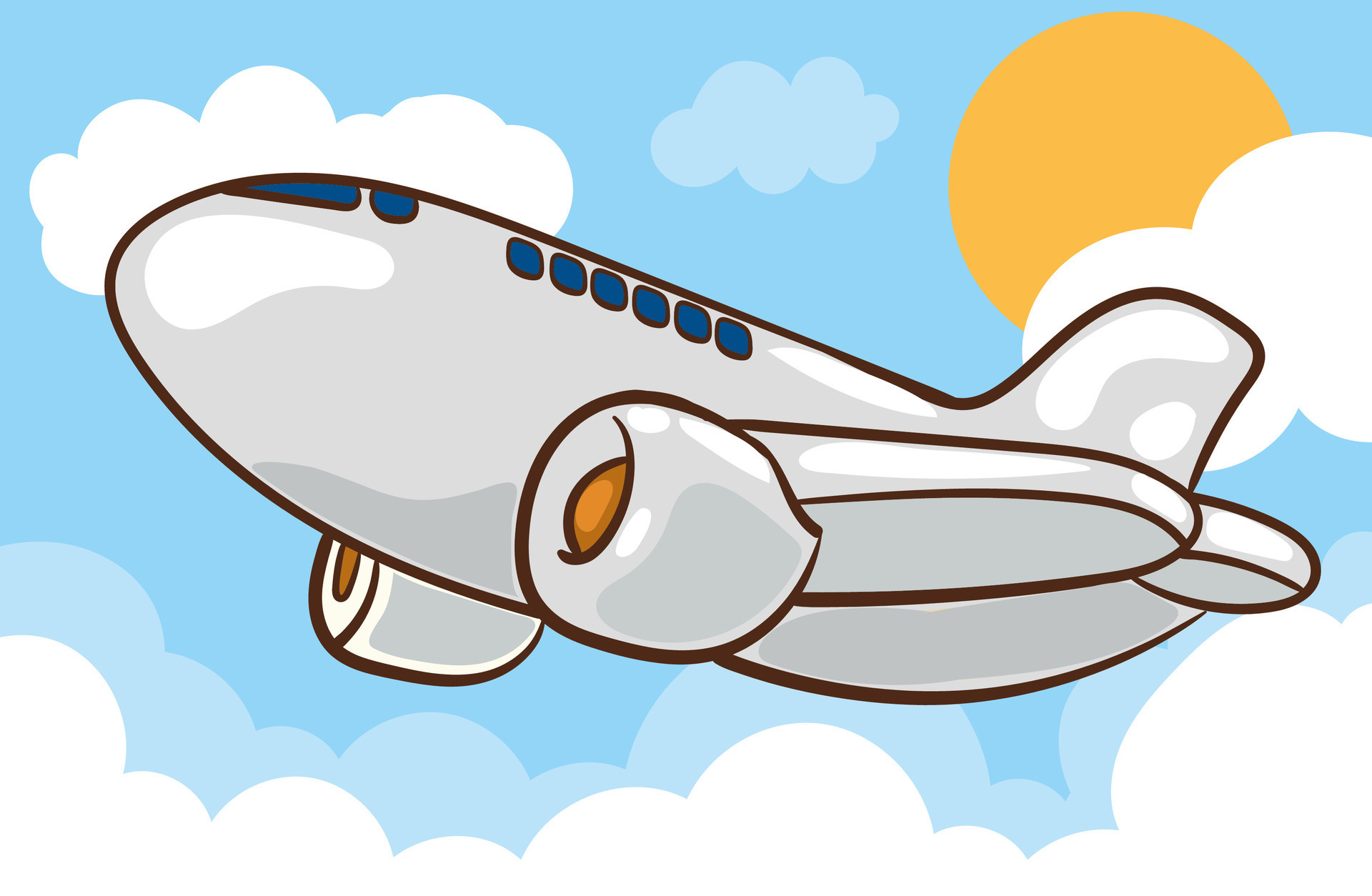 Airplane flying in sky. Jet plane fly in clouds, airplanes travel and  vacation aircraft. Flight plane, airplane trip to airport or airline  transportation.Flat airplane vector illustration, Stock Vector