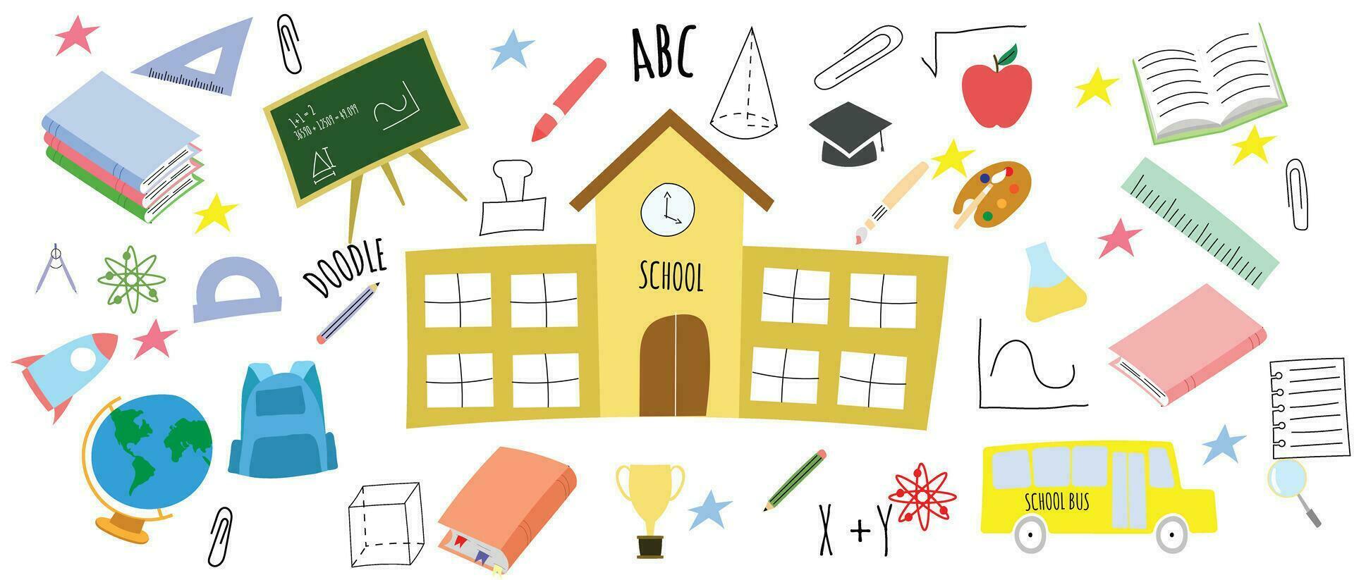 back to school doodle element hand drawing, sketch, colorful vector