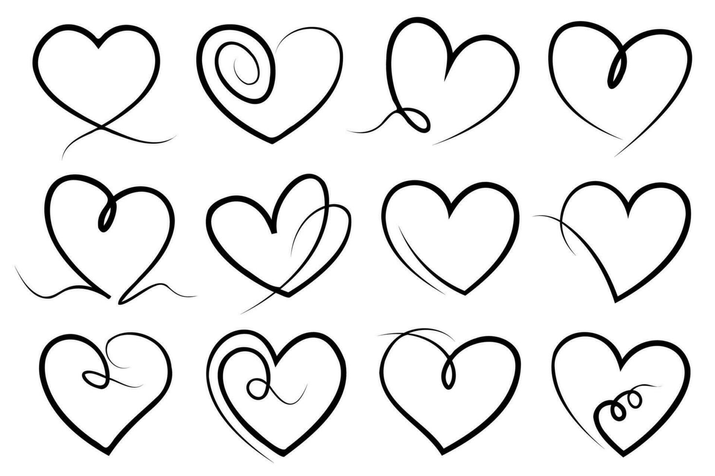 Abstract continuous line hearts outline vector illustrations. Heart drawings with single line. Love, emotion symbol line art collection.