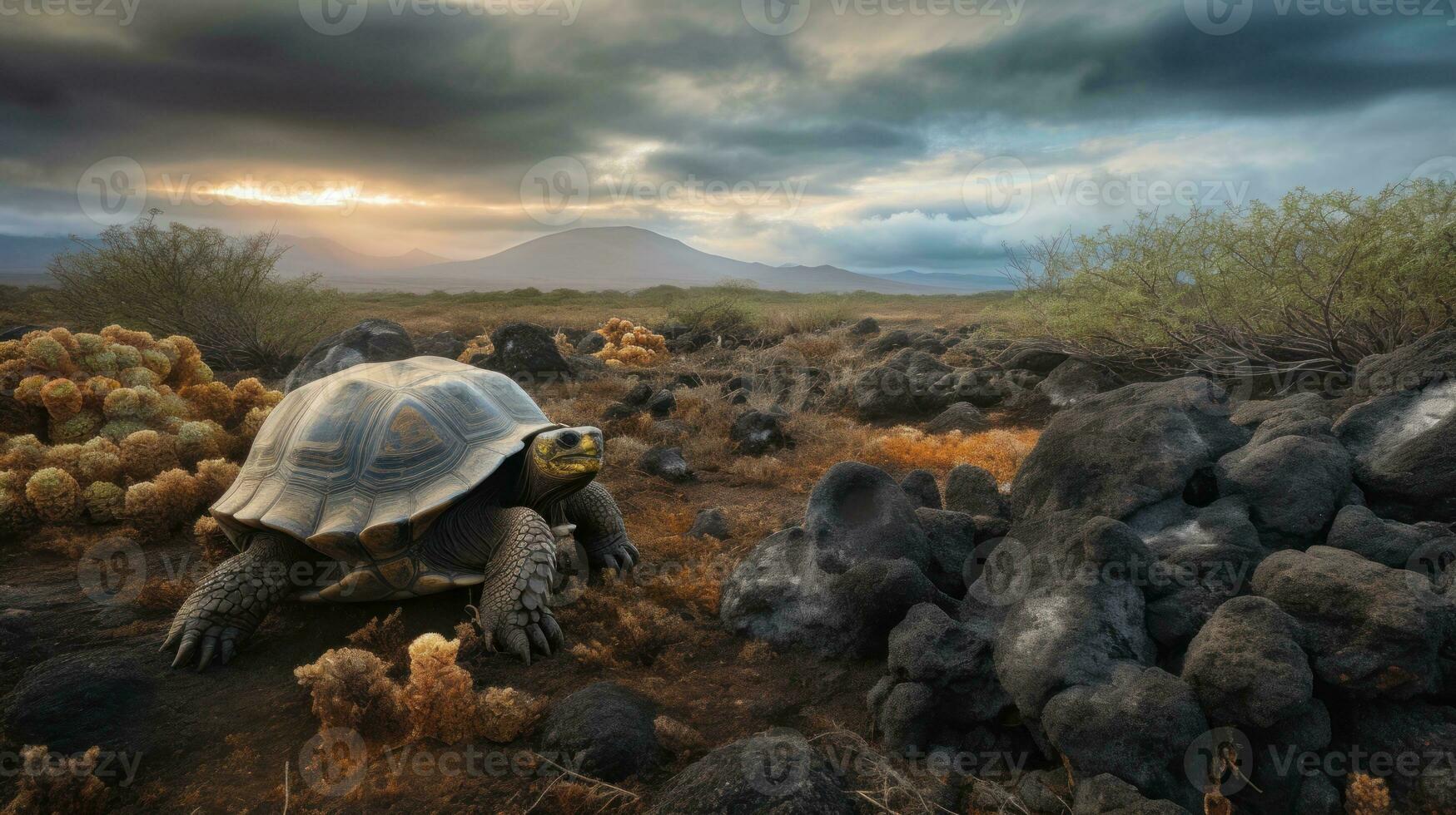 A Galapagos Tortoise, traversing the volcanic landscape, each step reverberating with centuries of existence photo