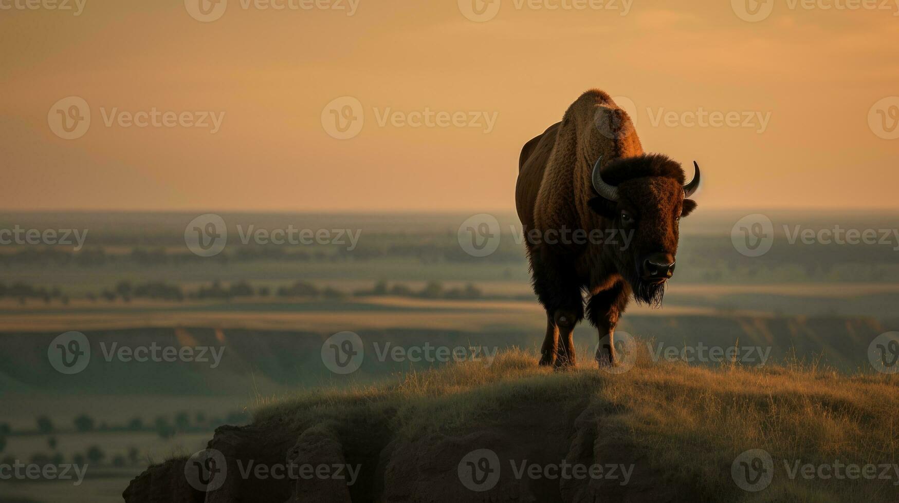 A majestic American Bison standing atop a rocky outcrop photo