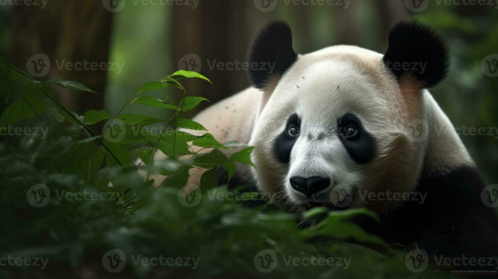 A Giant Panda, playfully rolling amidst the tall bamboo stalks, its infectious energy dominating the tranquil woods photo