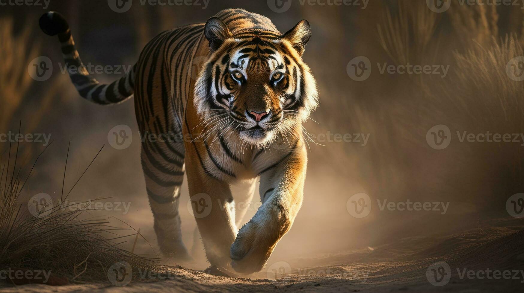 A Bengal Tiger in mid-stride, its powerful muscles rippling beneath its golden fur photo