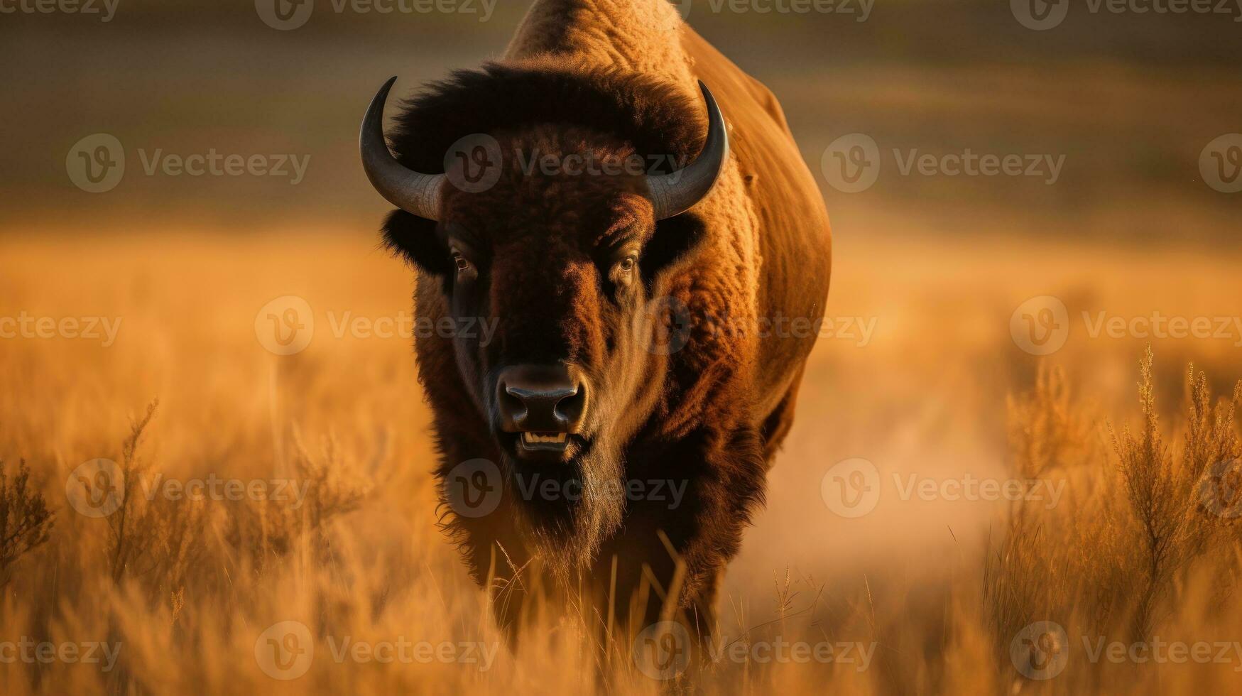 A powerful American Bison, its horns gleaming in the sunlight, galloping across a meadow photo