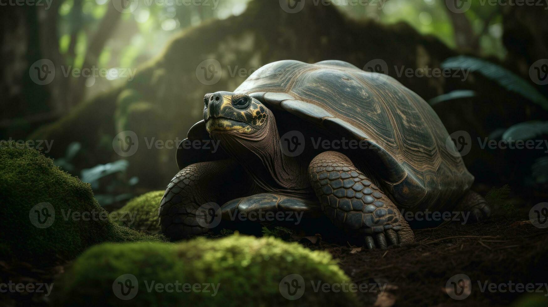 A grand Galapagos Tortoise gradually navigating its way through a verdant, tropical forest photo