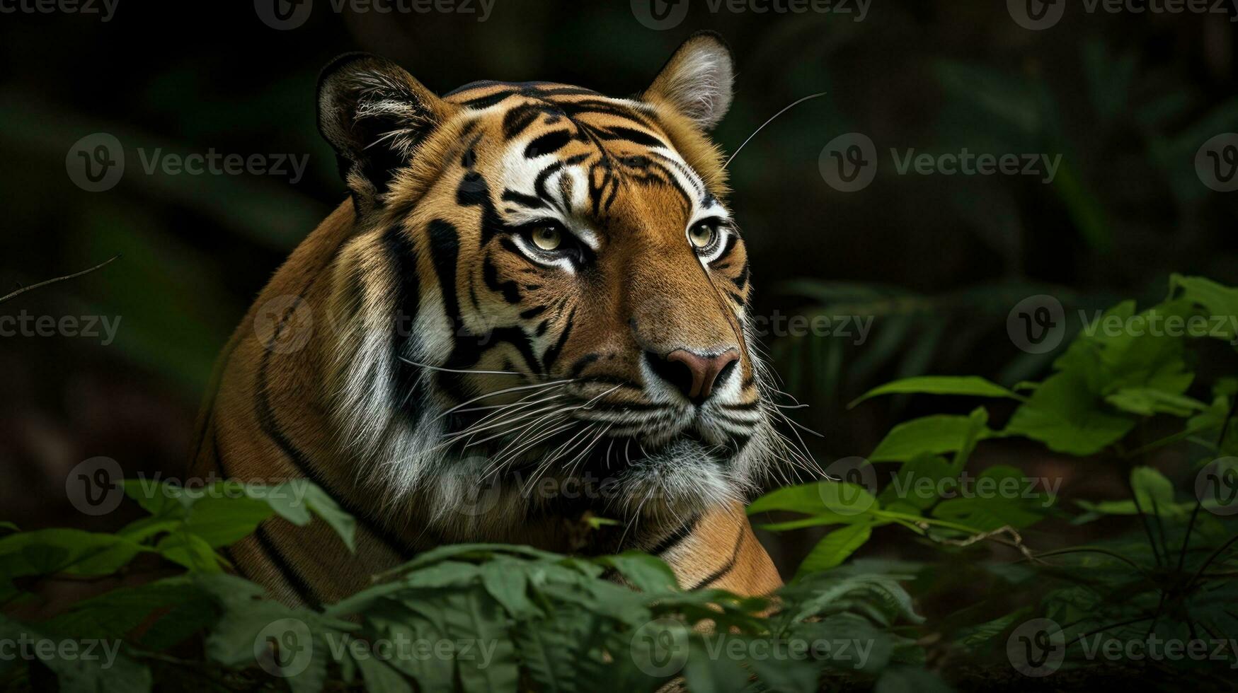 A Bengal Tiger, its senses heightened, eyes intently surveying the surroundings for lurking danger photo