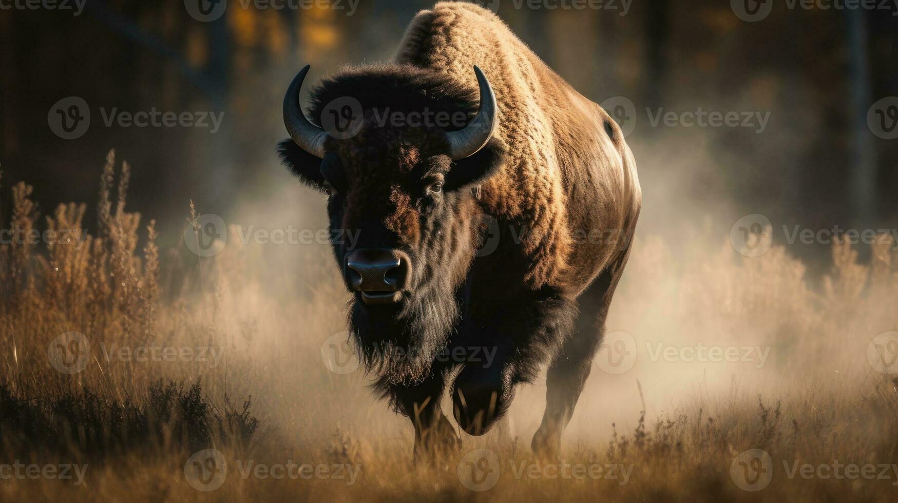 A commanding American Bison, its majestic horns aglow in the sunlight, charges across a picturesque meadow photo