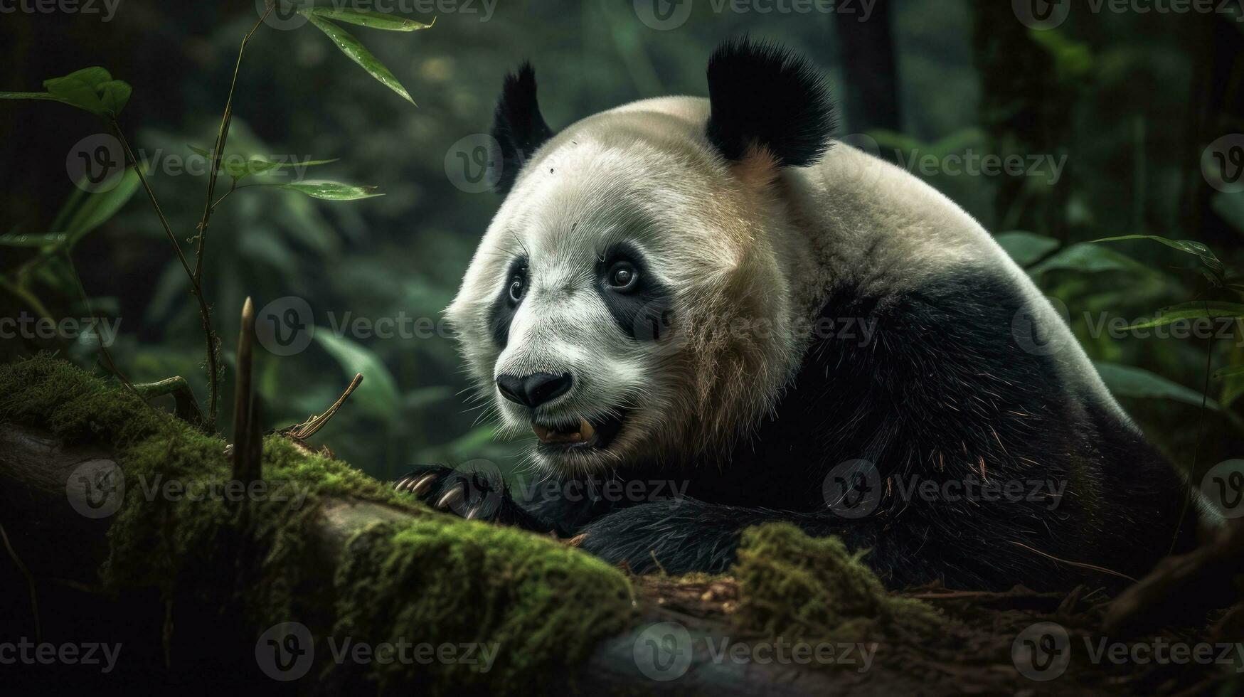 A Giant Panda, cozily curled in a tree, its thick fur camouflaged with the rough bark photo