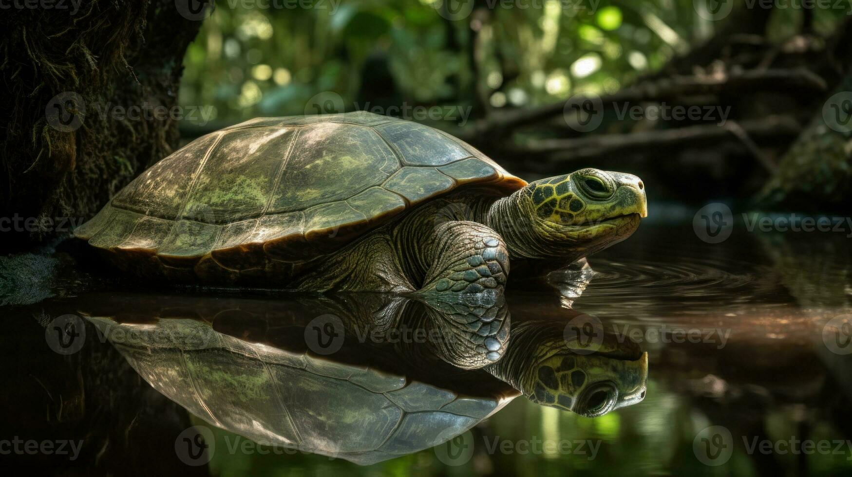 A grand Galapagos Tortoise gradually navigating its way through a verdant, tropical forest photo