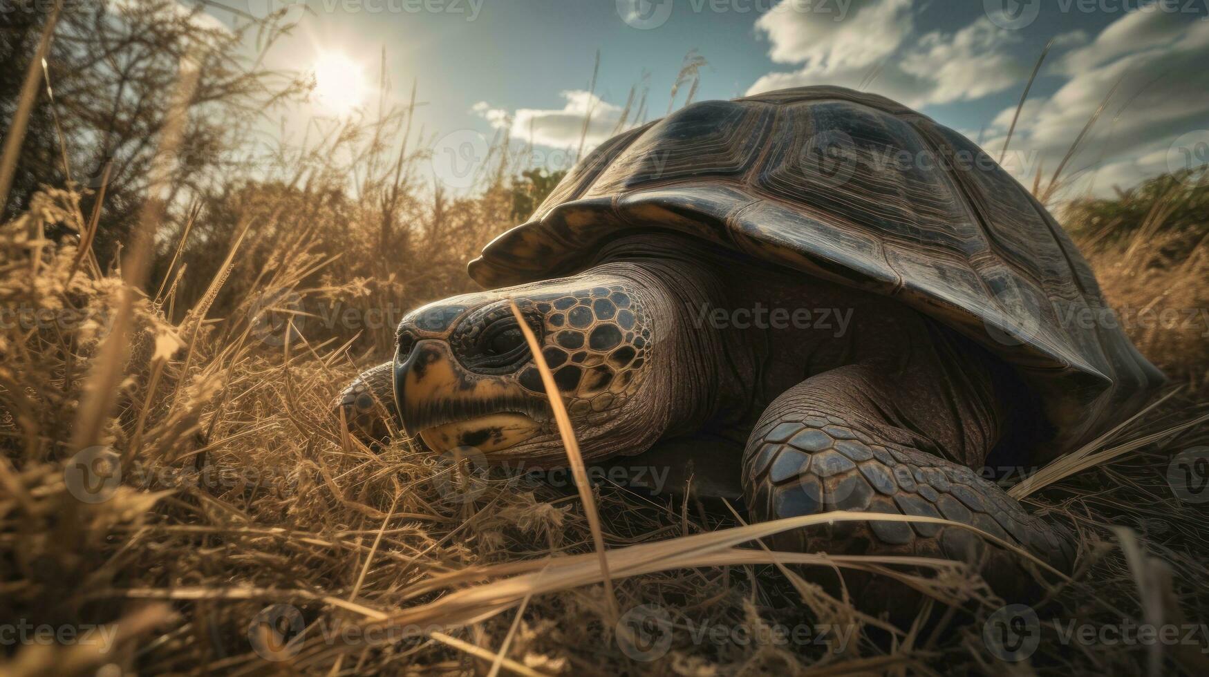 A Galapagos Tortoise, basking under the midday sun on a bed of sun-dried grass photo