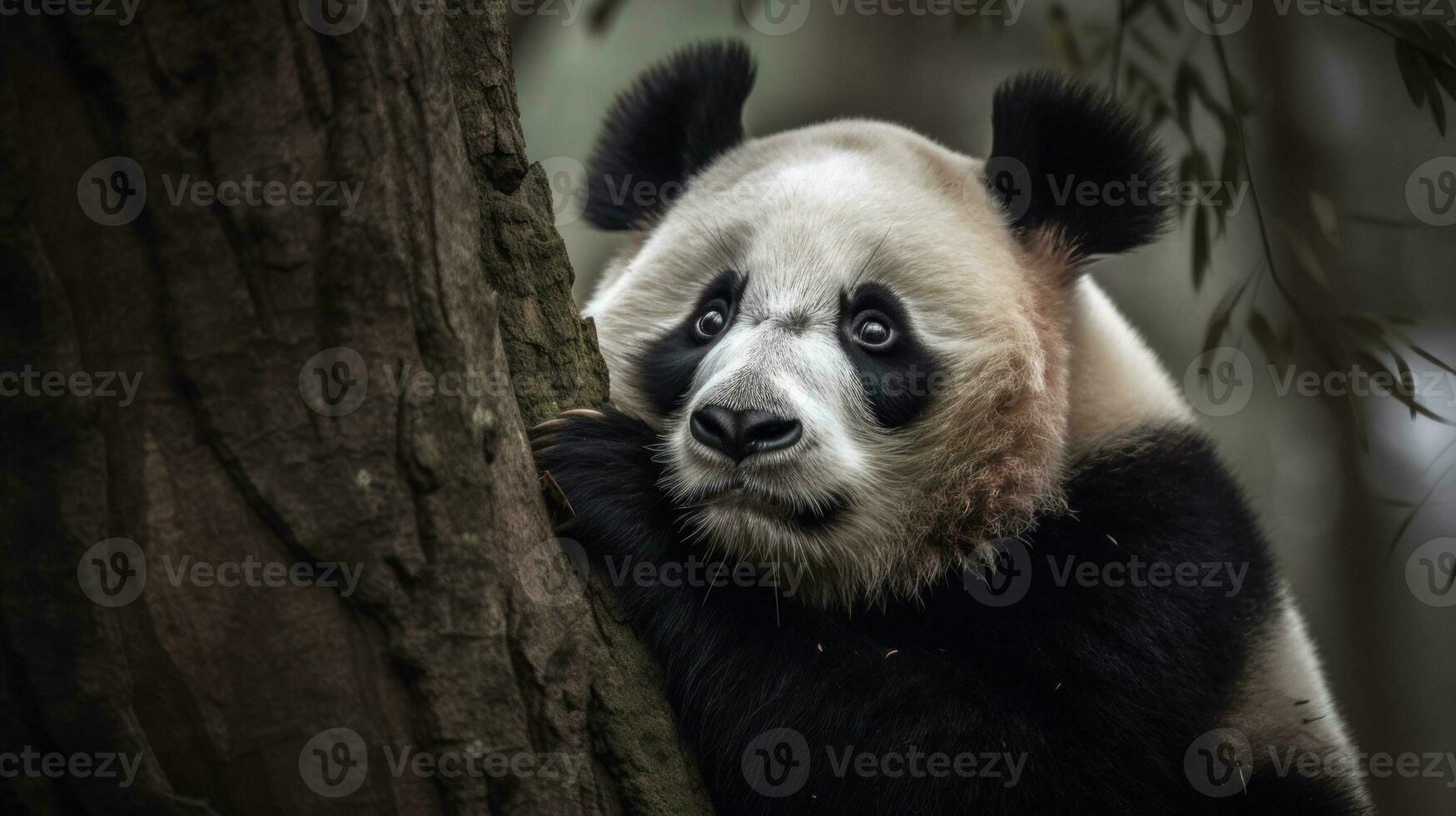 A Giant Panda, cozily curled in a tree, its thick fur camouflaged with the rough bark photo
