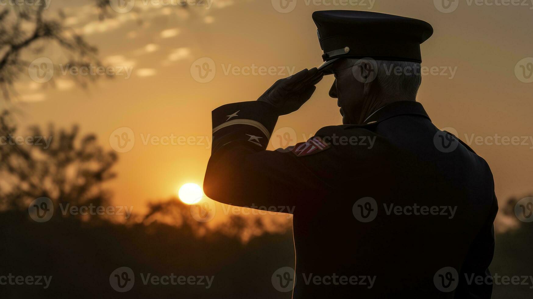 A soldier saluting the flag, the sun setting in the background photo