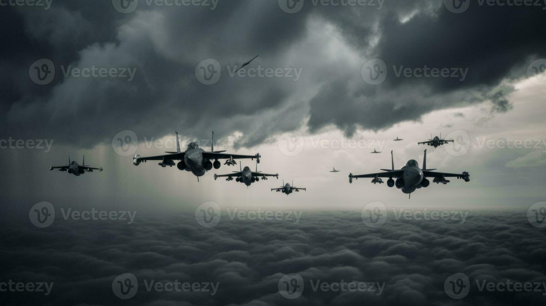 A squadron of fighter jets darting through a cloudy sky, leaving trails of white smoke against the vibrant blue canvas photo