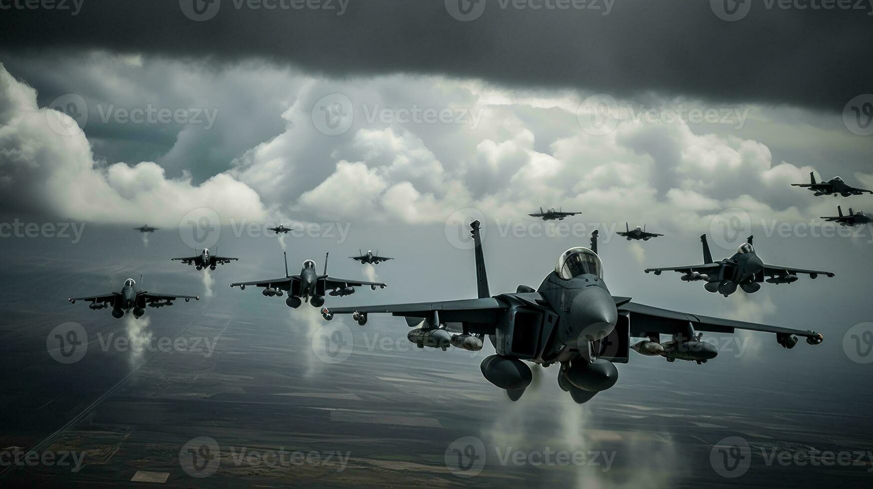 A squadron of fighter jets darting through a cloudy sky, leaving trails of white smoke against the vibrant blue canvas photo