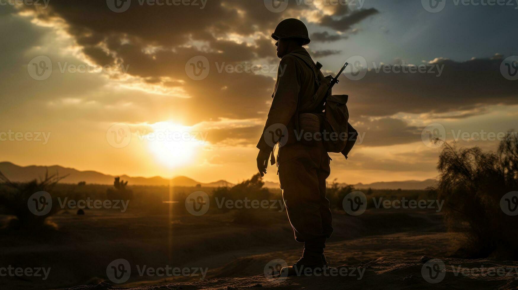 A soldier in full combat gear, standing firm and resolute in the heart of a war zone photo