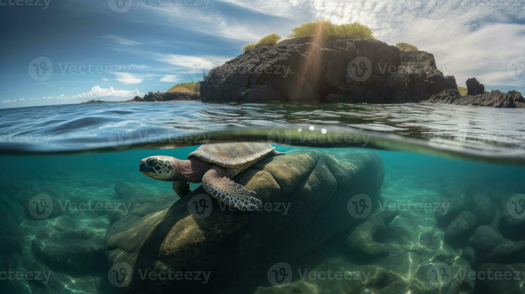 A Galapagos Tortoise basking in the sun on a rocky outcrop, surrounded by a crystal-clear ocean photo