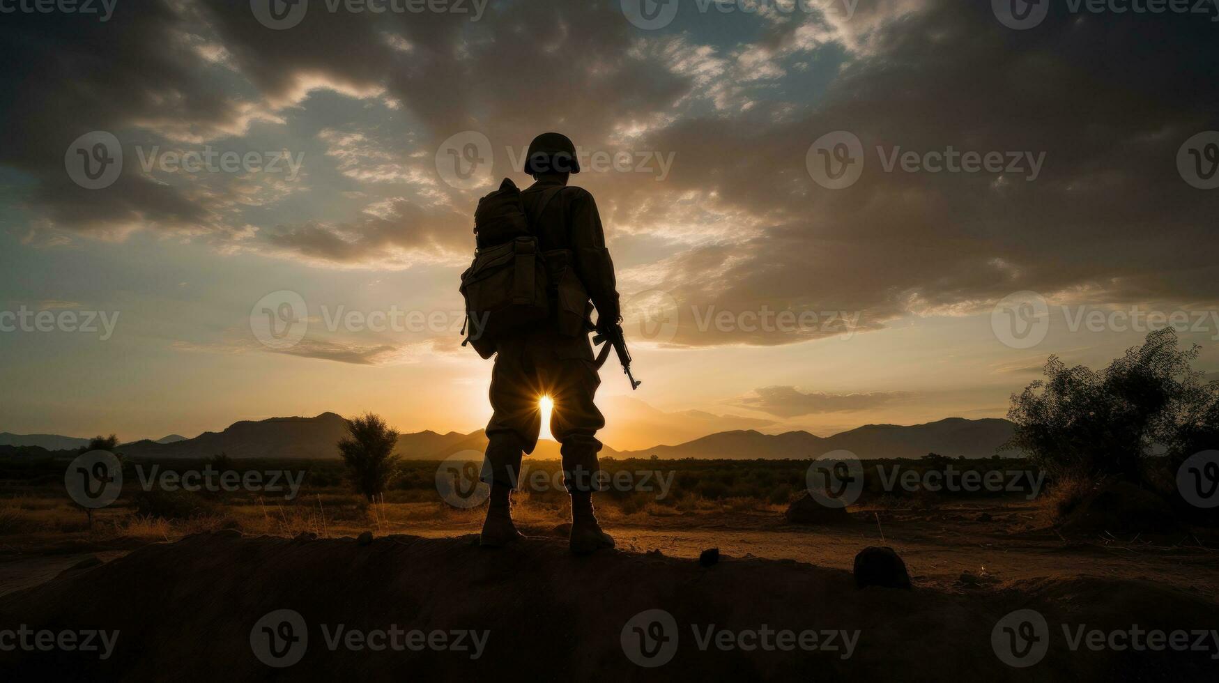 un soldado en lleno combate engranaje, en pie firma y resuelto en el corazón de un guerra zona foto