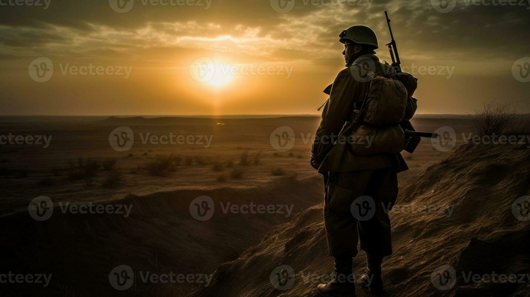 A soldier in full combat gear, standing firm and resolute in the heart of a war zone photo