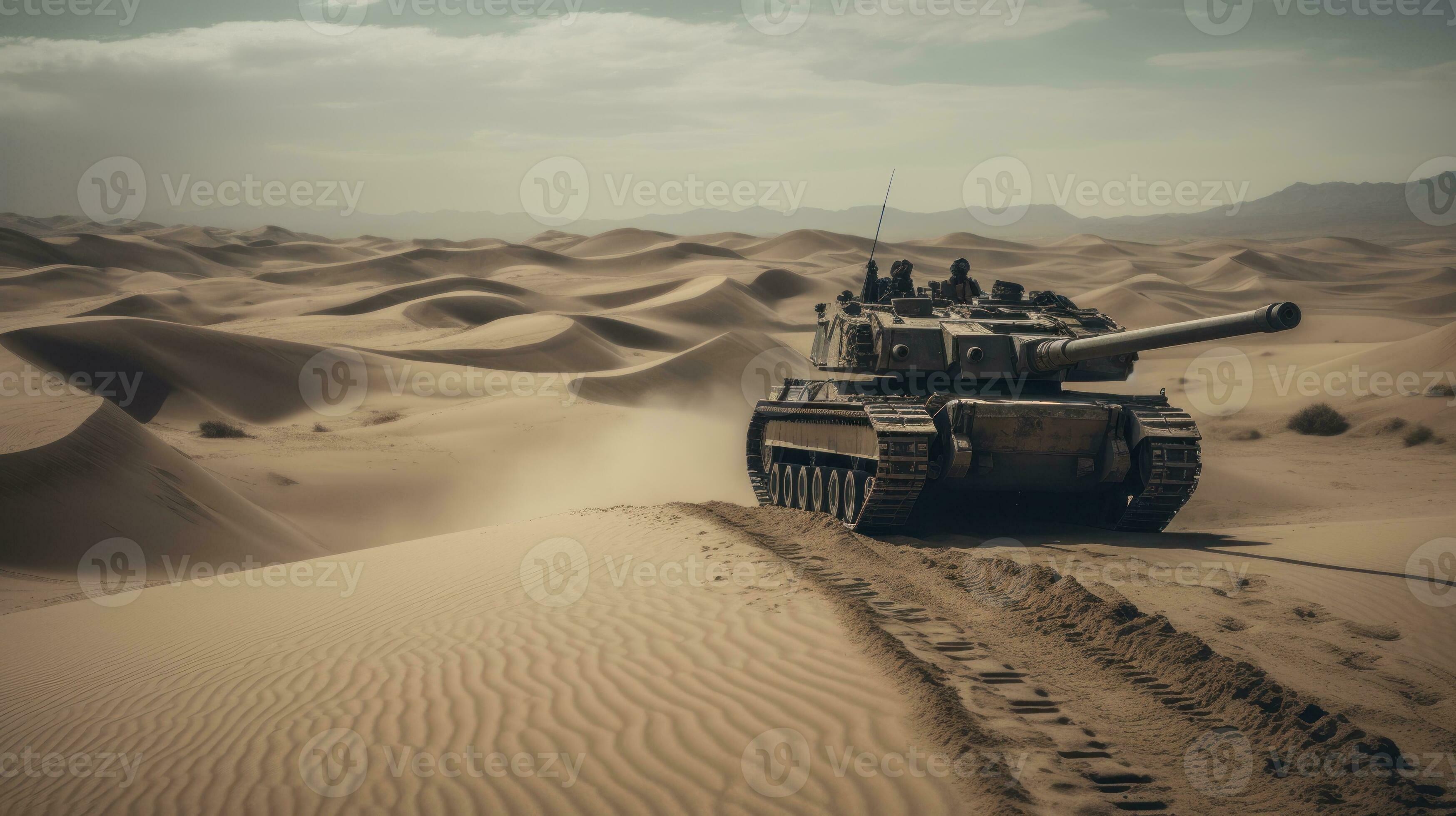A tank rolling across a barren desert, its massive tracks carving a path through the undulating