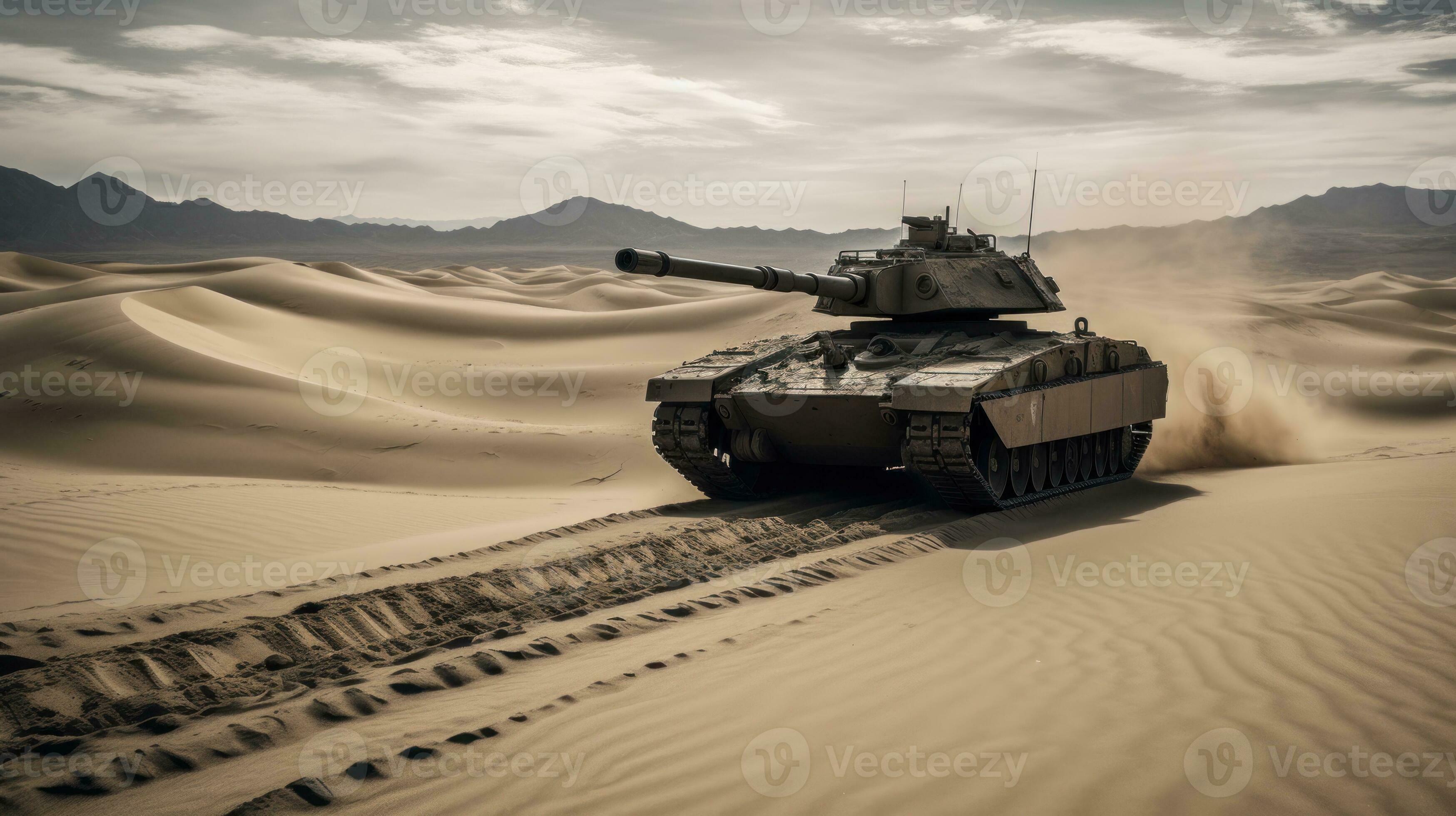 A tank rolling across a barren desert, its massive tracks carving a