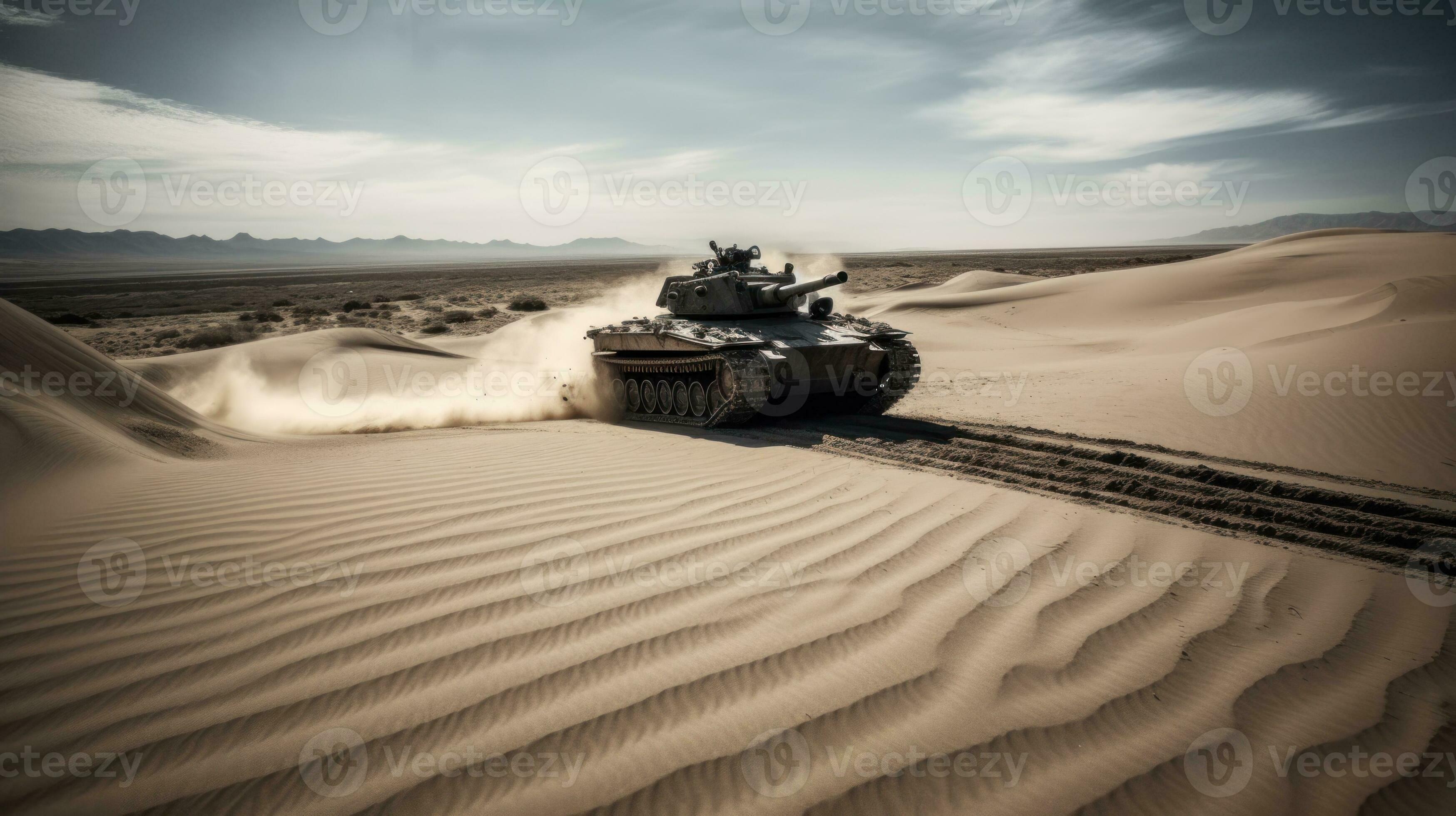 A military tank making its way through a vast desert landscape, its heavy tracks leaving deep