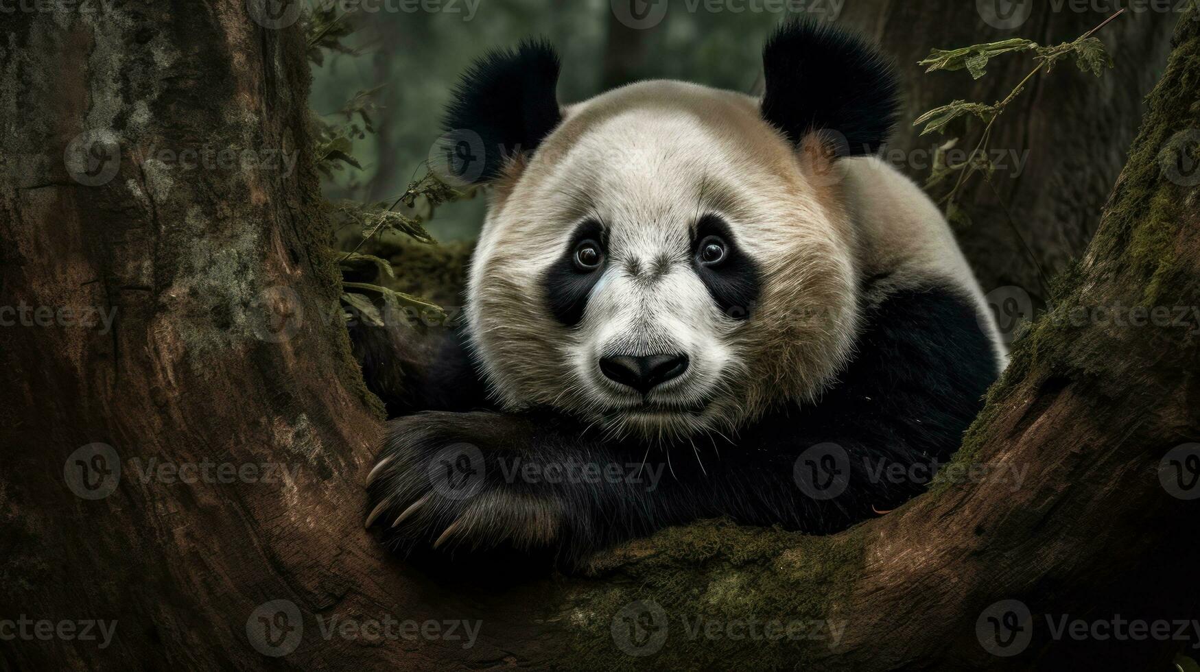 A Giant Panda, playfully rolling amidst the tall bamboo stalks, its infectious energy dominating the tranquil woods photo