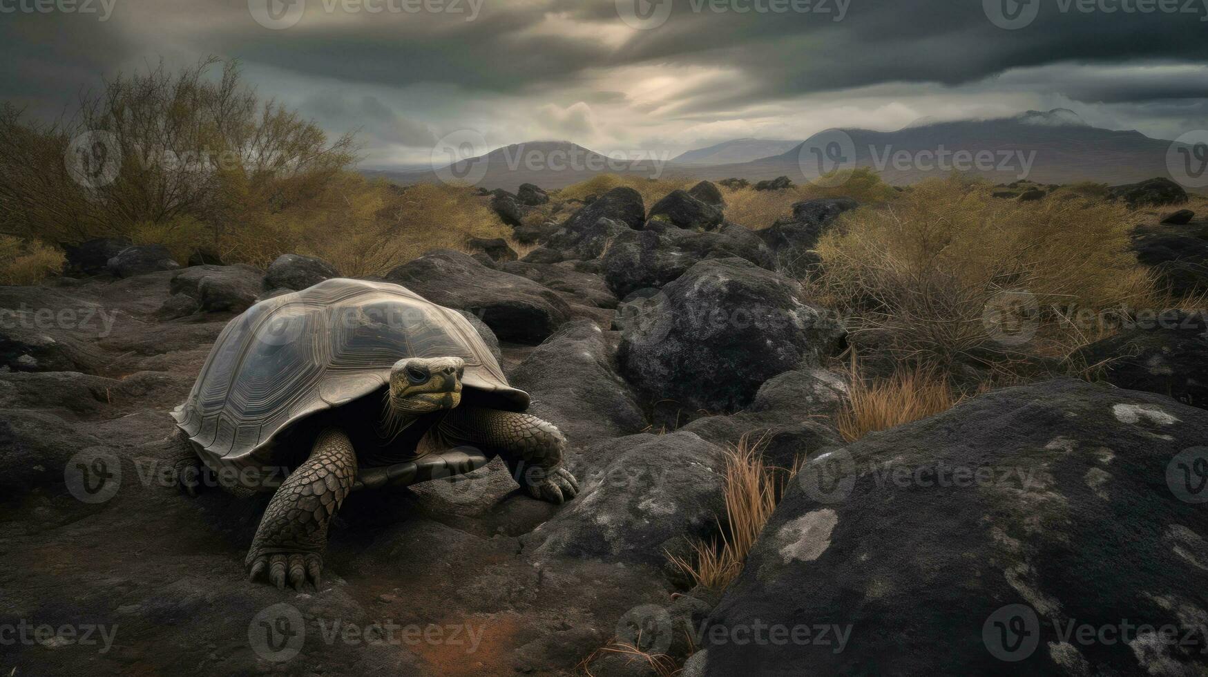 A Galapagos Tortoise, traversing the volcanic landscape, each step reverberating with centuries of existence photo