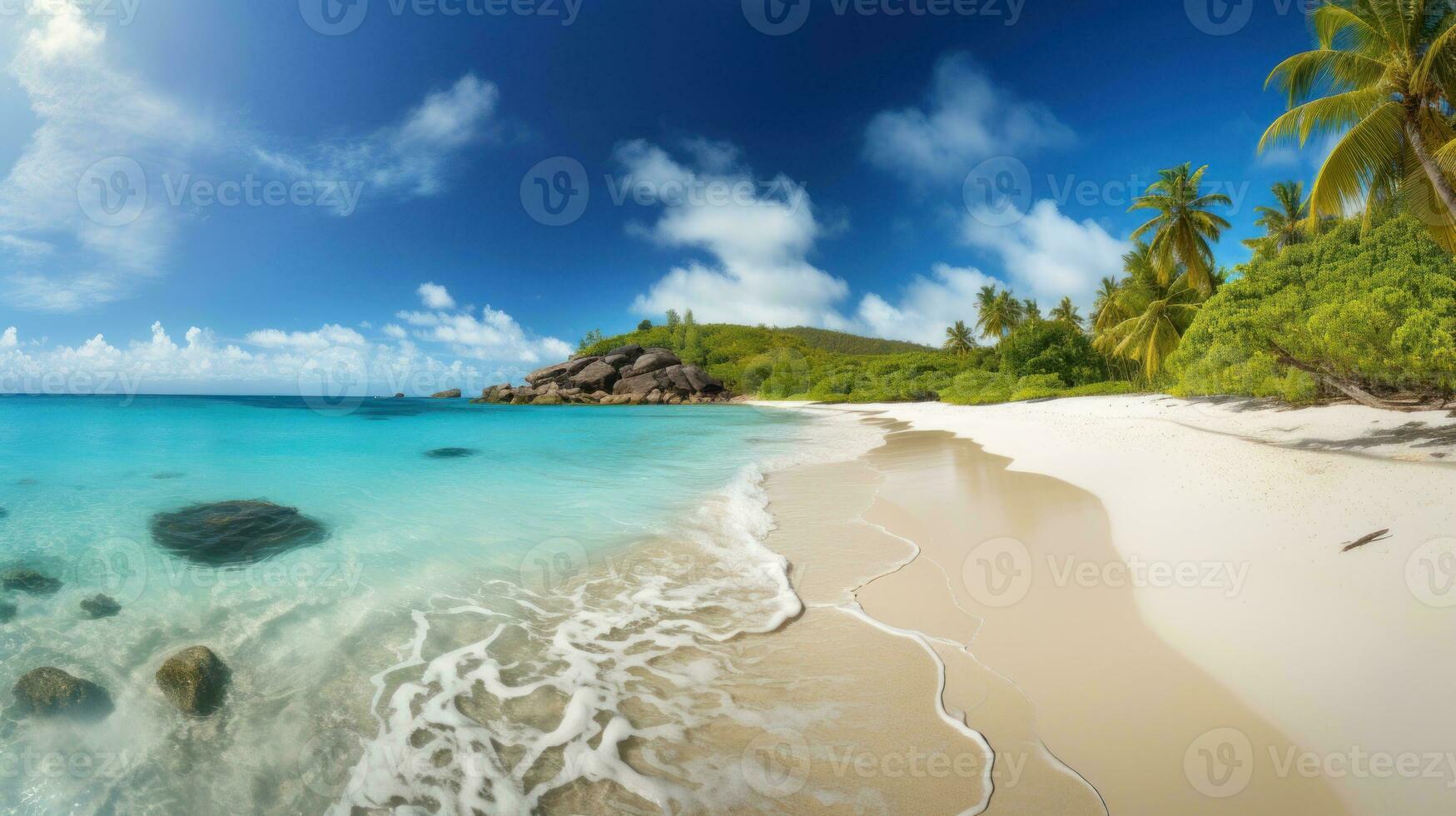 A sun-drenched beach with turquoise waters and powdery white sand photo