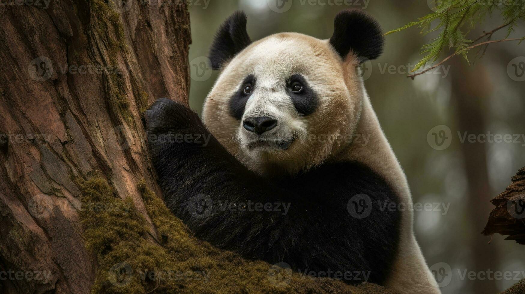 A Giant Panda, cozily curled in a tree, its thick fur camouflaged with the rough bark photo