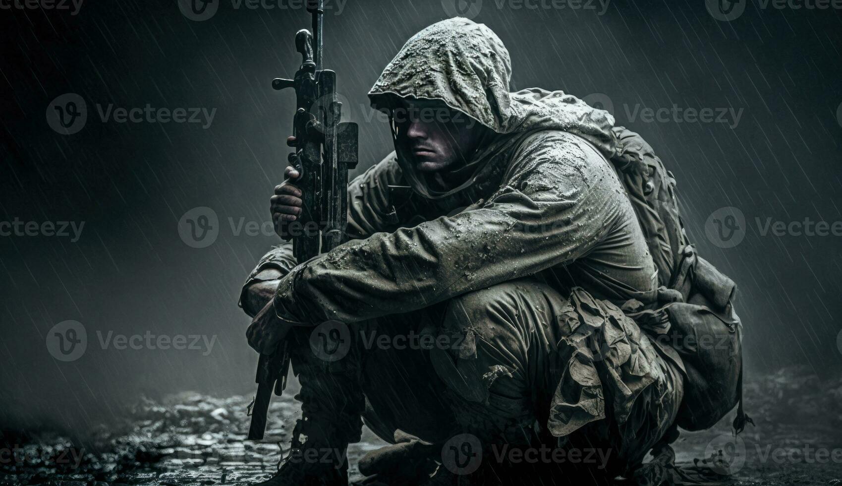 A battle-weary soldier crouching in a dark and desolate trench, clutching their rifle with a fierce grip, sweat and dirt covering their face photo