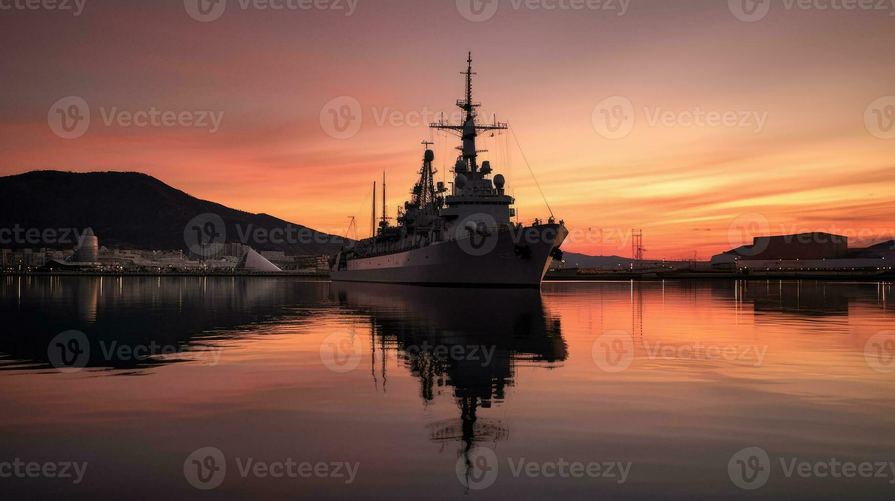 a battleship anchored in a quiet harbor at sunset photo
